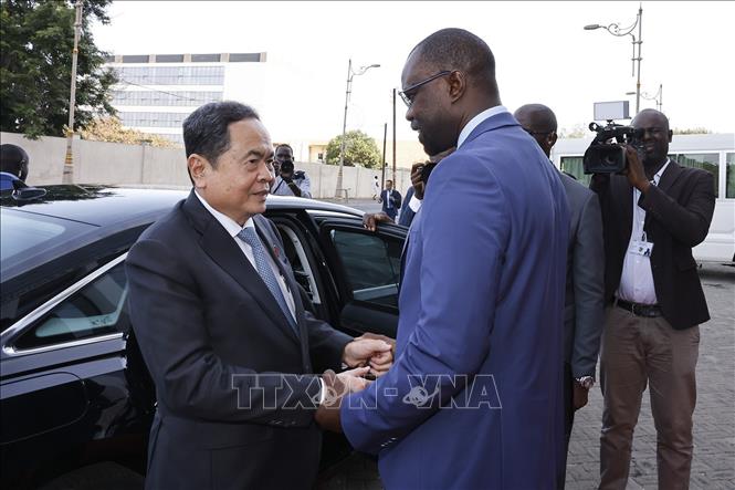 Chủ tịch Quốc hội Trần Thanh Mẫn hội kiến Thủ tướng Senegal Ousmane Sonko. Ảnh: Doãn Tấn/TTXVN