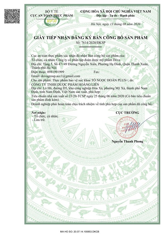 Giấy tiếp nhận đăng ký bản công bố sản phẩm