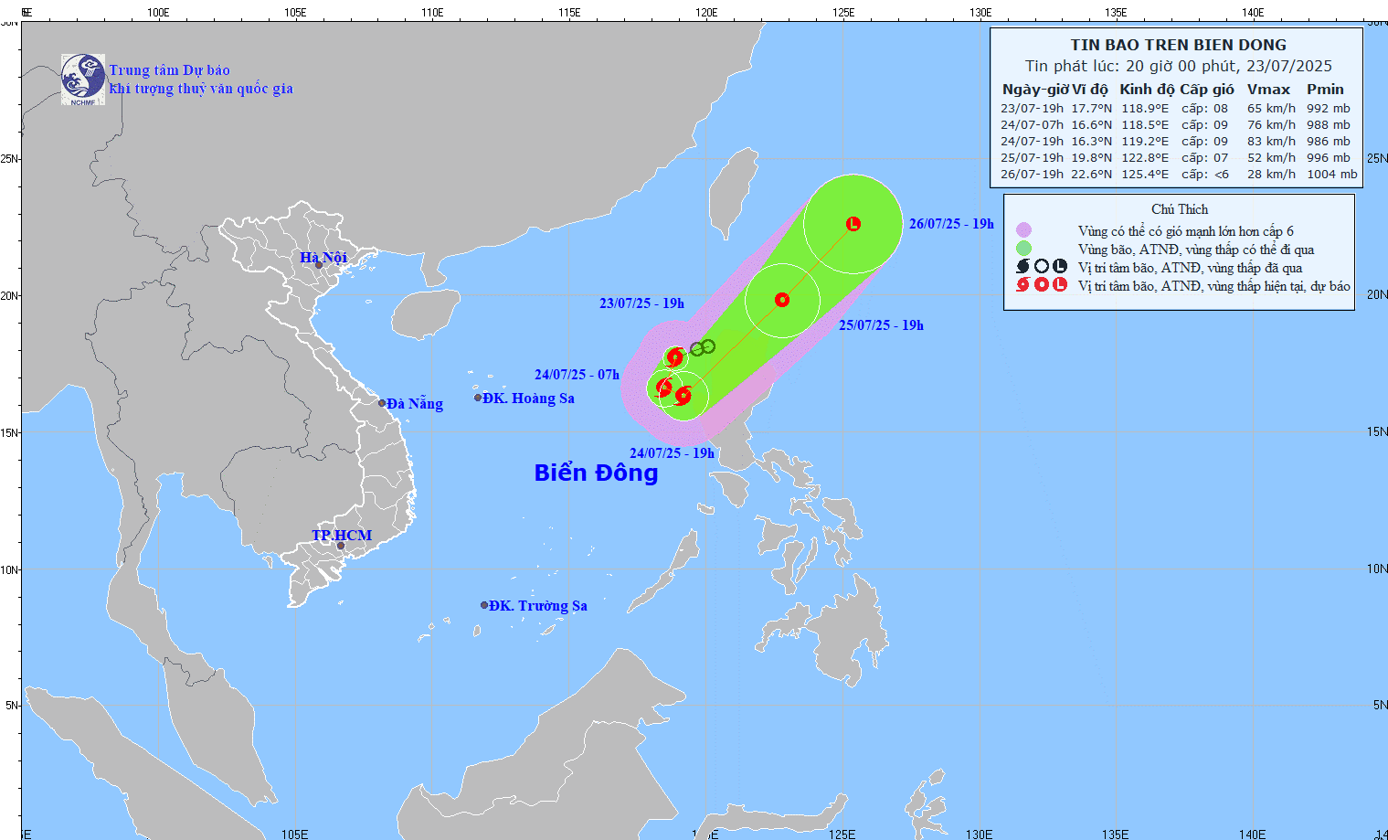 Hướng di chuyển của bão số 4 tối 23/7