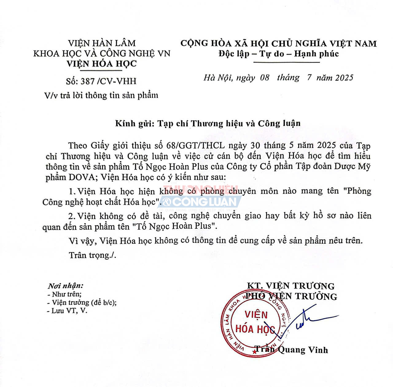 Viện Hóa Học - Viện Hàn lâm khoa học và Công nghệ Việt Nam trả lời