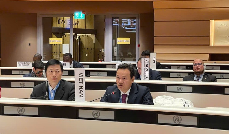 Đại sứ Mai Phan Dũng dự họp và phát biểu tại cuộc họp Nhóm G77 và Trung Quốc tại trụ sở Liên hợp quốc ngày 28/1/2025. (Ảnh: Phái đoàn thường trực Việt Nam bên cạnh Liên hợp quốc)