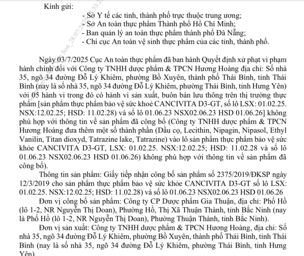 Cục An toàn thực phẩm, Bộ Y tế thu hồi 2 lô thực phẩm chức năng Cancivita của Công ty Hương Hoàng. Ảnh: Chụp màn hình. Cục An toàn thực phẩm, Bộ Y tế thu hồi 2 lô thực phẩm chức năng Cancivita của Công ty Hương Hoàng. Ảnh: Chụp màn hình.