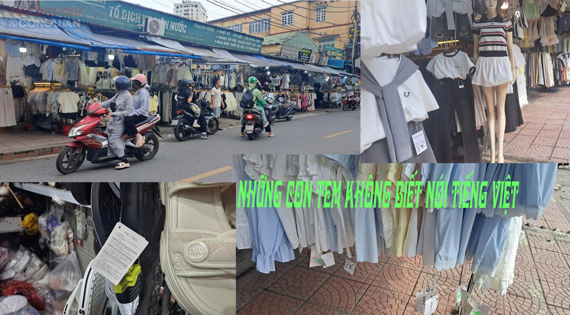 Hàng hóa được trưng bày công khai tại chợ Phùng Khoang, nhiều sản phẩm vẫn giữ nguyên tem nhãn tiếng nước ngoài (trung tâm là áo khoác, giày dép có nhãn mác tiếng Trung), không có nhãn phụ tiếng Việt và không chứng minh được nguồn gốc - (Ảnh: Phóng viên ghi nhận tại chợ Phùng Khoang – Hà Nội, tháng 7/2025)