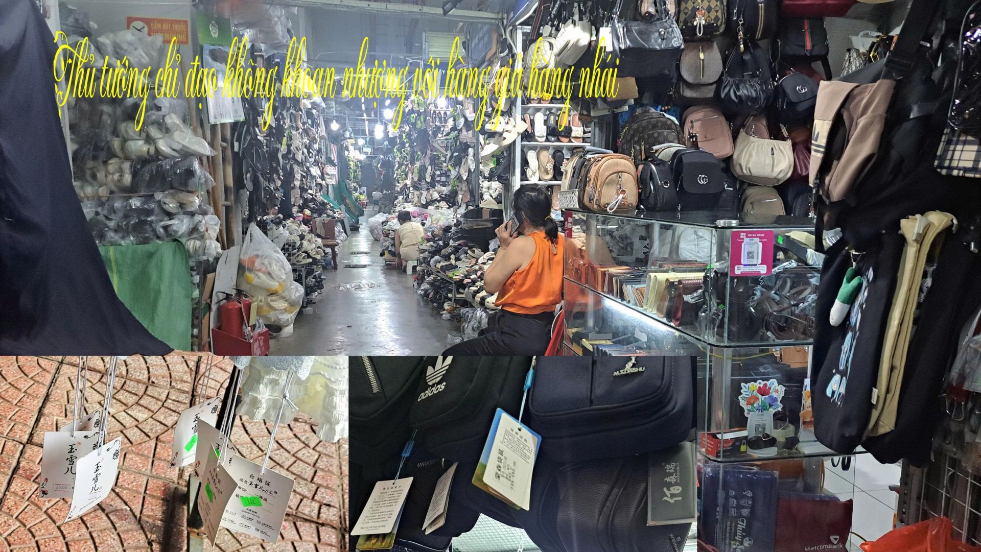 2. Mỹ phẩm, quân áo giày dép, túi xách, vali tem nhãn nước ngoài, không nhãn phụ tiếng Việt, được bày bán công khai tại Chợ Mơ. (Ảnh: PV tác nghiệp tháng 7/2025)