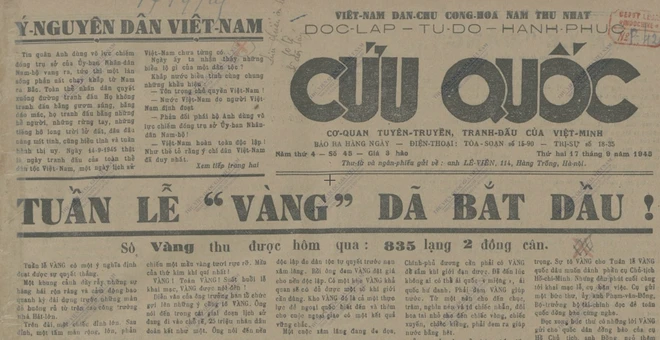 Bài Tuần lễ Vàng đã bắt đầu trên báo Cứu quốc số 45, ngày 17/9/1945. Nguồn: TVQGVN Bài Tuần lễ Vàng đã bắt đầu trên báo Cứu quốc số 45, ngày 17/9/1945. Nguồn: TVQGVN