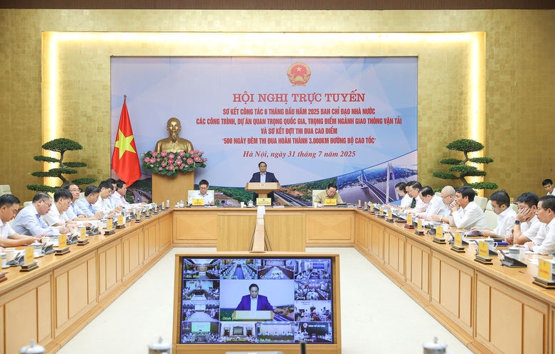Hội nghị trực tuyến sơ kết công tác 6 tháng đầu năm 2025 của Ban Chỉ đạo và sơ kết đợt thi đua cao điểm "500 ngày đêm thi đua hoàn thành 3.000 km đường bộ cao tốc" - Ảnh: VGP/Nhật Bắc Hội nghị trực tuyến sơ kết công tác 6 tháng đầu năm 2025 của Ban Chỉ đạo và sơ kết đợt thi đua cao điểm "500 ngày đêm thi đua hoàn thành 3.000 km đường bộ cao tốc" - Ảnh: VGP/Nhật Bắc