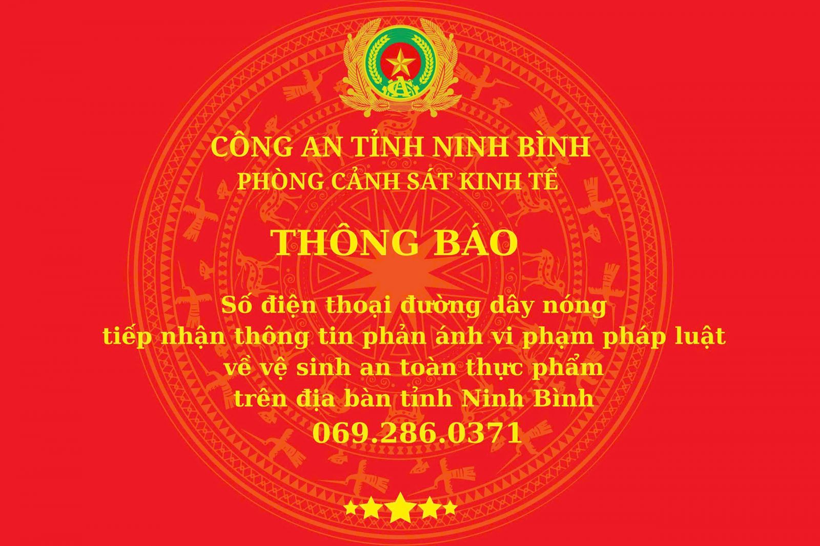 Công an Ninh Bình công bố đường dây nóng tiếp nhận phản ánh vi phạm vệ sinh an toàn thực phẩm