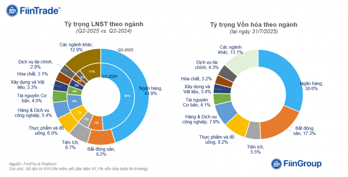 Tỷ trọng lợi nhuận sau thuế và vốn hóa theo từng ngành (Ảnh: FiinTrade)