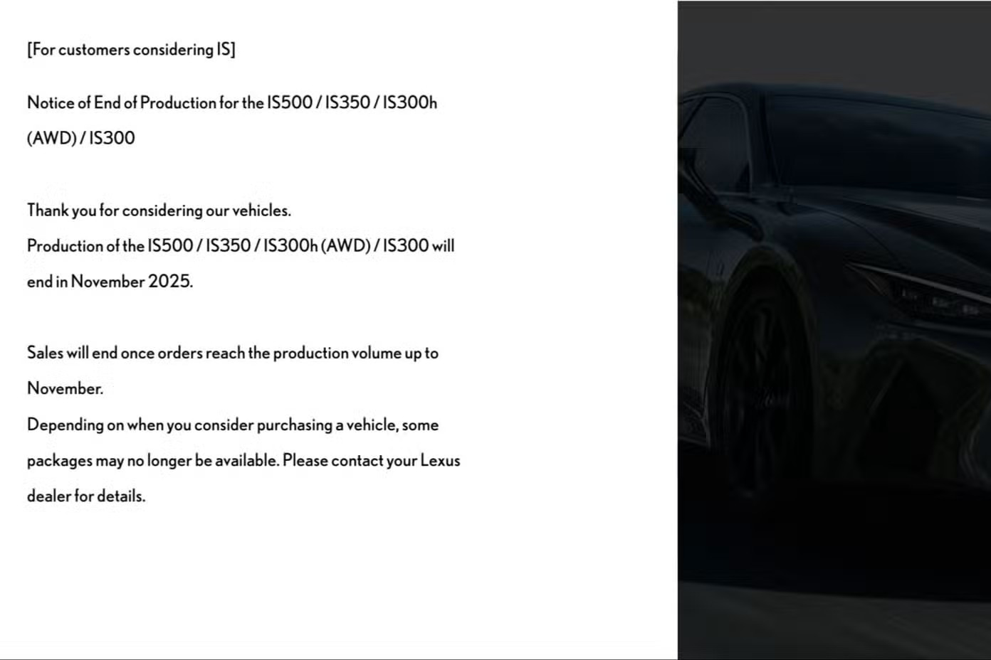 Một thông báo của Lexus về việc ngừng sản xuất dòng xe IS và RC trên web chính hãng