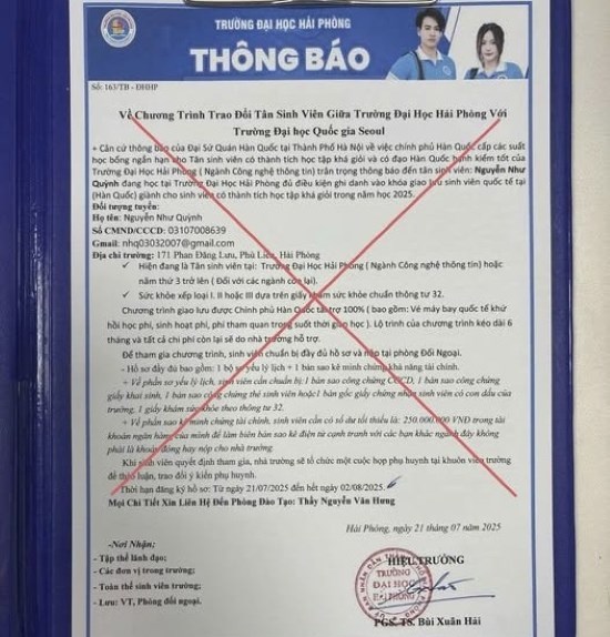 Thông báo giả mạo Trường Đại học Hải Phòng. Ảnh: Facebook Đại Học Hải Phòng
