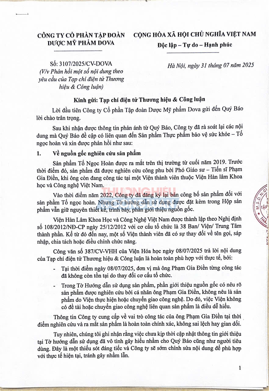 Công văn trả lời từ DOVA Group ghi nhận những thiếu sót và Công văn trả lời từ DOVA Group ghi nhận những thiếu sót và