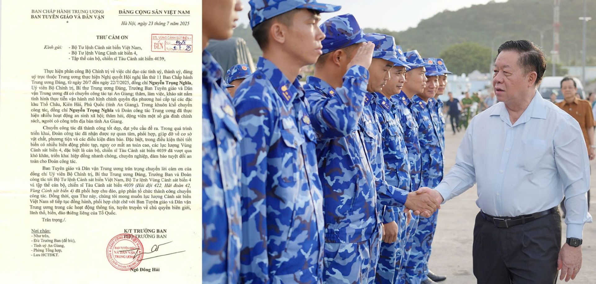 BTL Vùng Cảnh sát biển 4 hoàn thành tốt nhiệm vụ đưa, đón Đoàn công tác của đồng chí Ủy viên Bộ Chính trị, Bí thư Trung ương Đảng, Trưởng ban Tuyên giáo và Dân vận Trung ương đi nắm tình hình thực tế tại các Đặc khu trên địa bàn tỉnh An Giang.