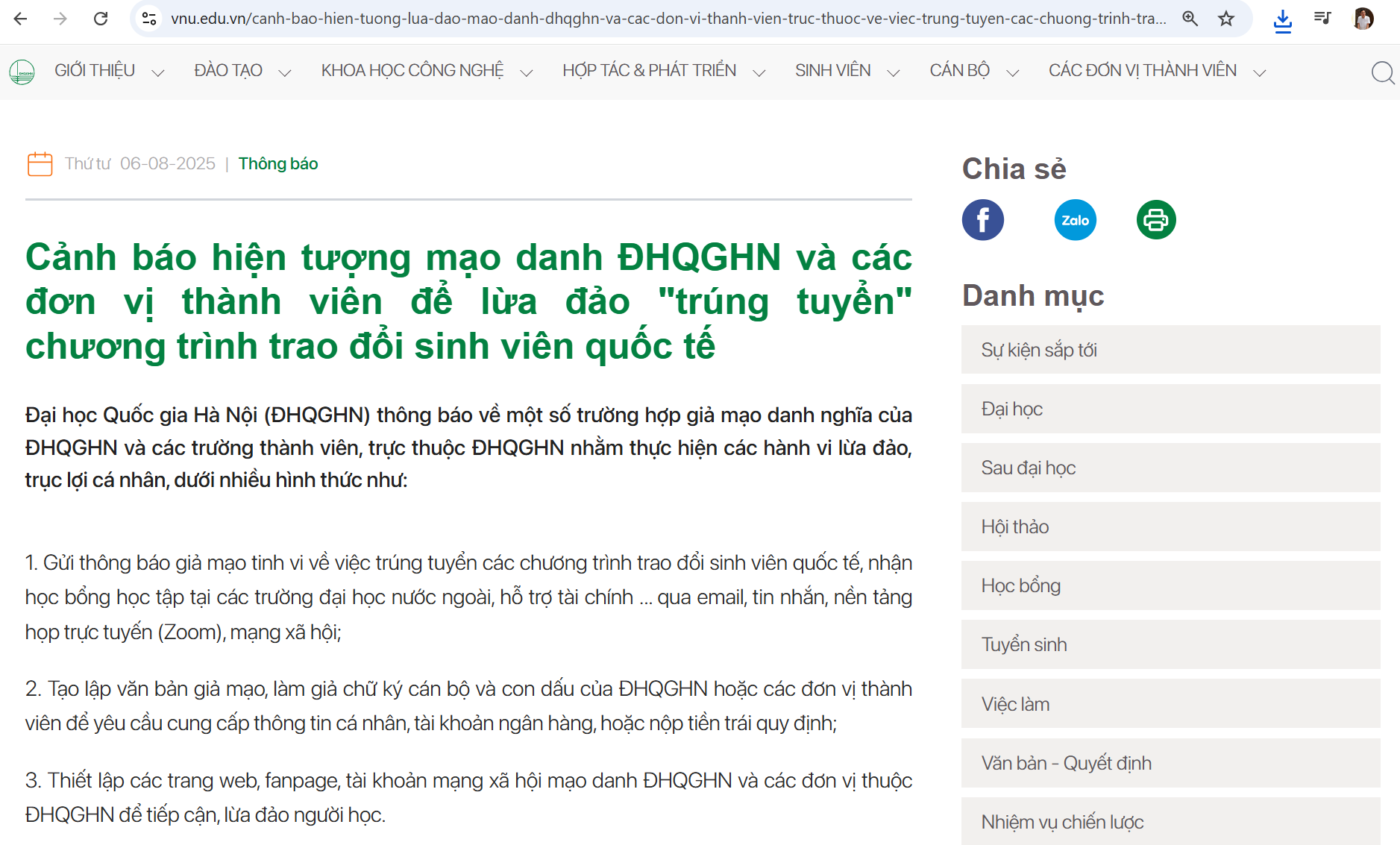Thông báo của Đại học Quốc gia Hà Nội. Ảnh: Chụp màn hình
