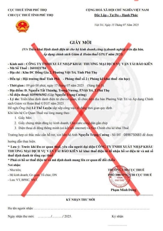 Thuế tỉnh Phú Thọ khuyến cáo, người nộp thuế cần nêu cao cảnh giác, không cung cấp thông tin cá nhân, mã số thuế, tài khoản ngân hàng, mã truy cập eTax Mobile… cho bất kỳ cá nhân, tổ chức nào không rõ danh tính. Ảnh: Thuế tỉnh Phú Thọ