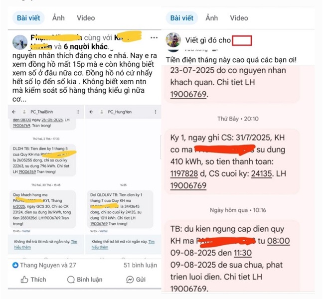 Ảnh một số bài viết đăng tải hình ảnh thông báo tiền điện trên facebook (ảnh: Công an tỉnh Hưng Yên)