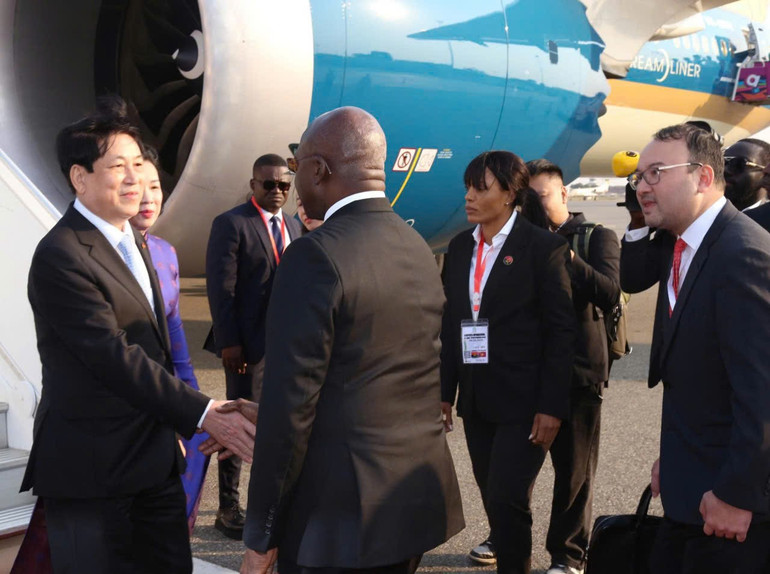 Bộ trưởng Ngoại giao Téte António đón Chủ tịch nước tại chân cầu thang máy bay