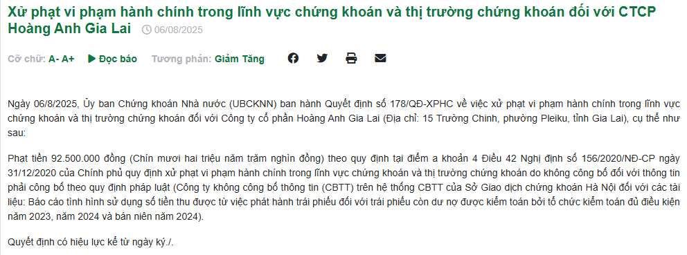 Thông báo xử phạt của Ủy ban Chứng khoán Nhà nước