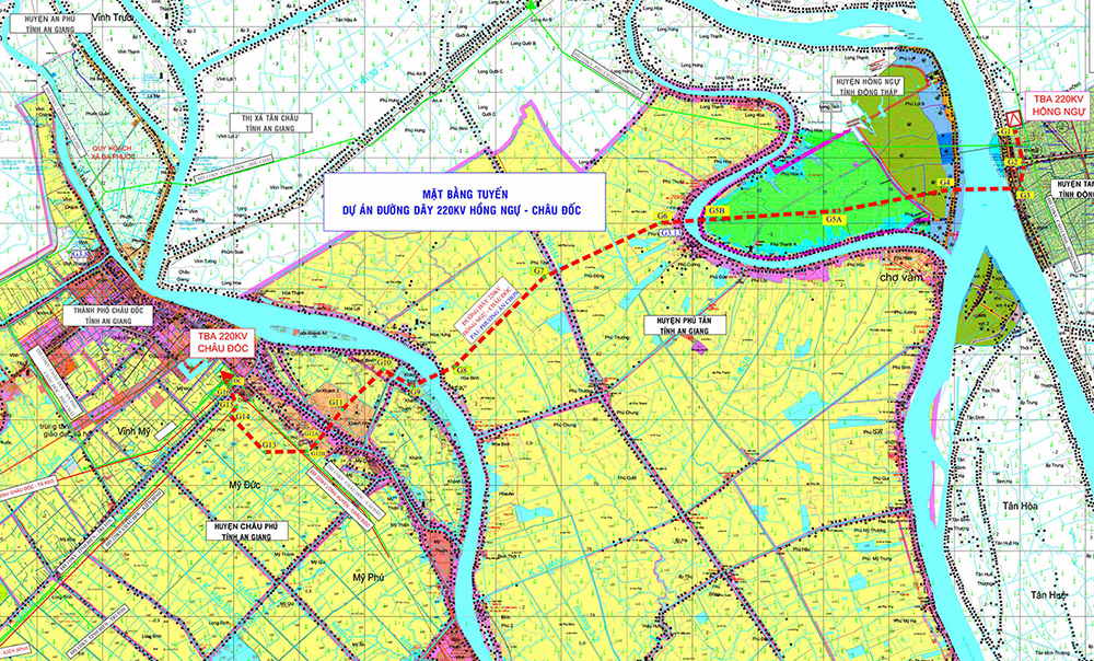 Phối cảnh mặt bằng hướng tuyến Dự án đường dây 220kV Hồng Ngự - Châu Đốc