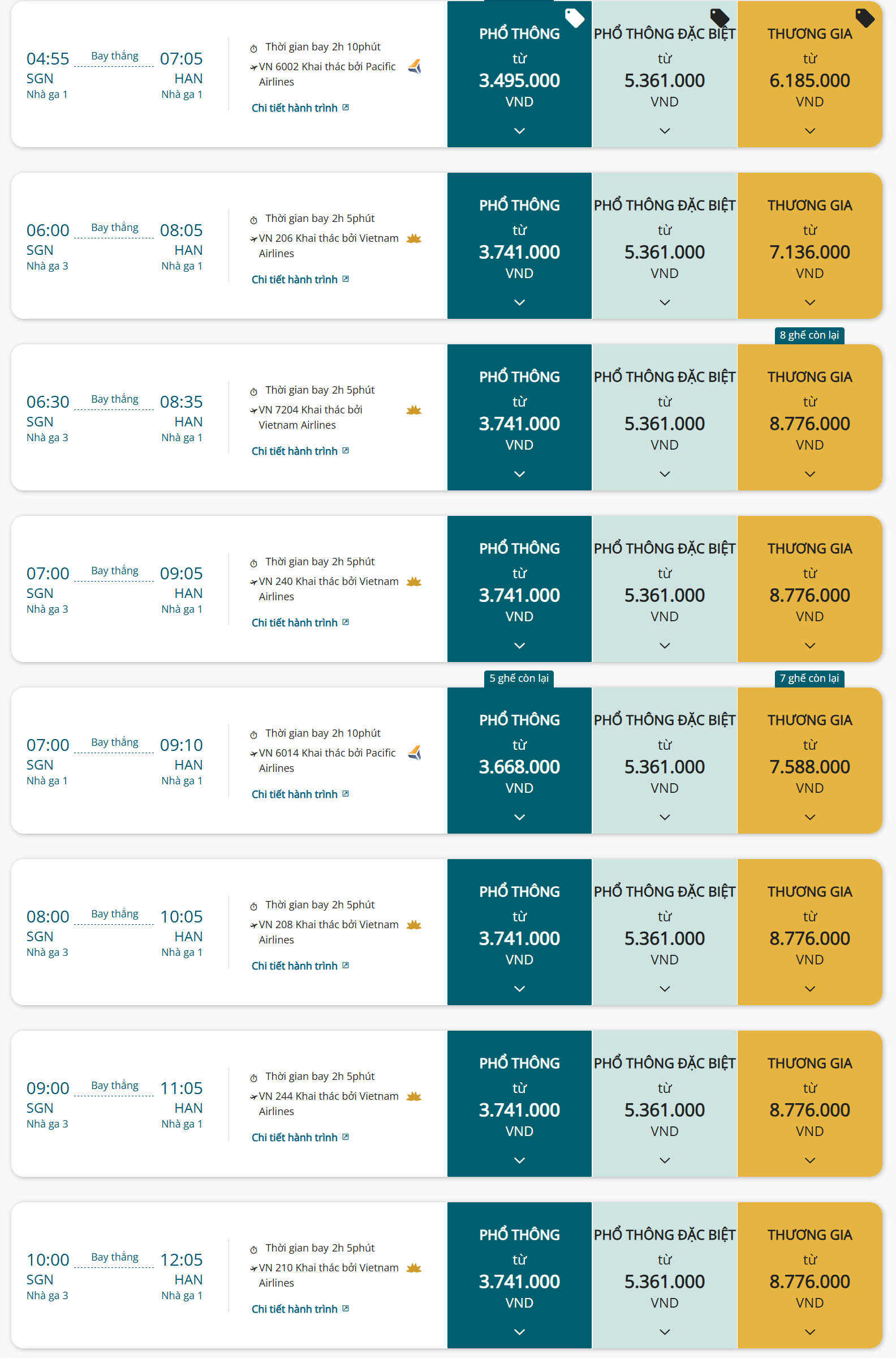 Giá vé máy bay chặng TP. Hồ Chí Minh - Hà Nội ngày 30/8 của Vietnam Airlines tr