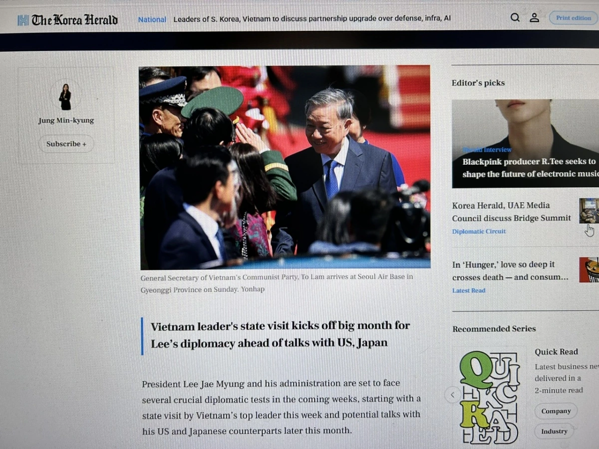 Tờ Korea Herald đăng một bình luận dài đầy lạc quan về quan hệ Hàn - Việt và chuyến thăm cấp nhà nước của Tổng Bí thư Tô Lâm Tờ Korea Herald đăng một bình luận dài đầy lạc quan về quan hệ Hàn - Việt và chuyến thăm cấp nhà nước của Tổng Bí thư Tô Lâm