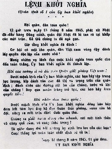 Quân lệnh số 1 của Ủy ban Khởi nghĩa toàn quốc, ngày 13/8/1945. (Ảnh tư liệu của Bảo tàng Lịch sử quốc gia)