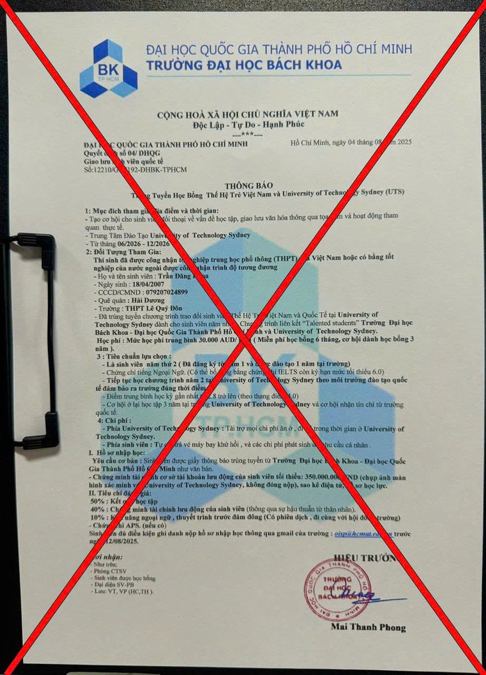 Trường ĐH Bách khoa TP. HCM khẳng định đây không phải là thông báo của trường