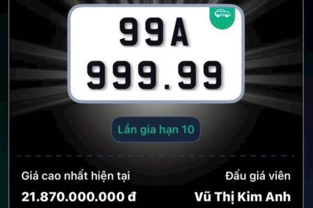 Biển số ôt ô 99A-999.99 trúng đấu giá gần 22 tỷ đồng. Biển số ôt ô 99A-999.99 trúng đấu giá gần 22 tỷ đồng.