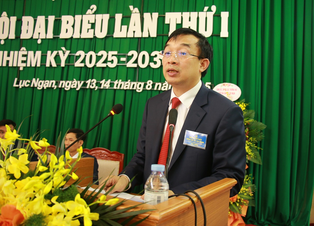 Đồng chí Nguyễn Đình Lợi, Ủy viên Ban Thường vụ, Trưởng Ban Tuyên giáo và Dân vận Tỉnh ủy phát biểu tại Đại hội.