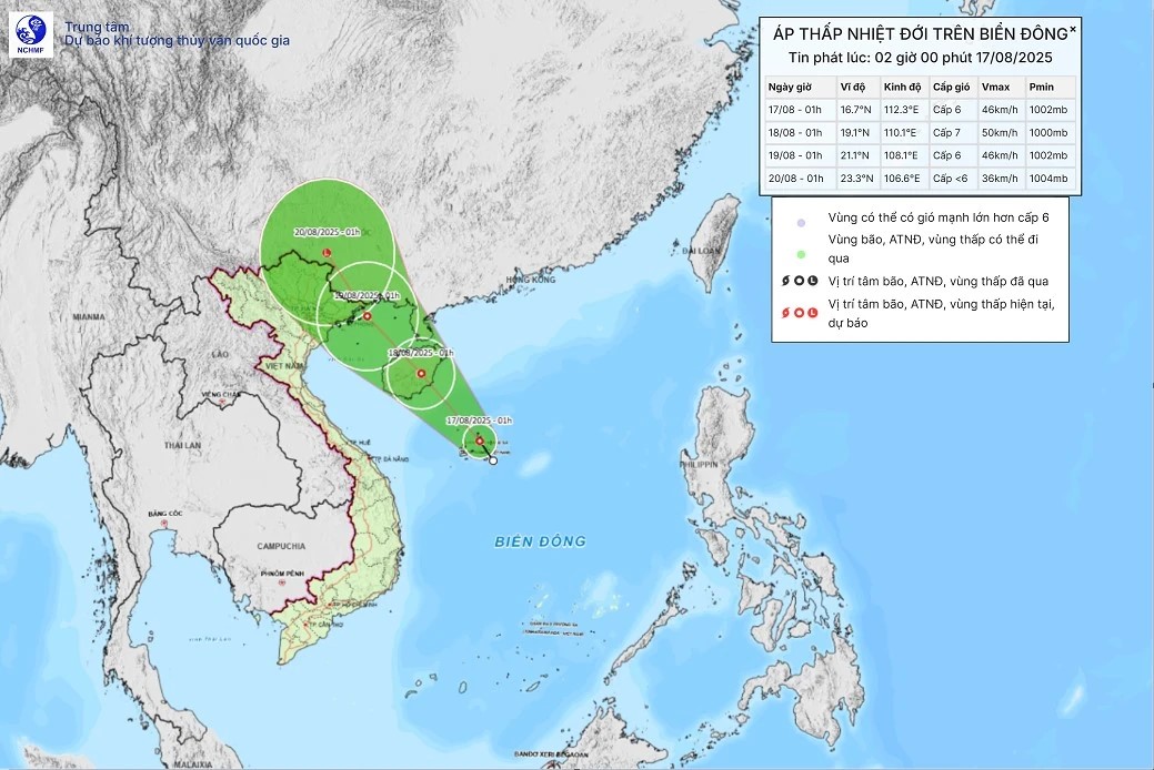 Bản đồ dự báo quỹ đạo và cường độ áp thấp nhiệt đới lúc 2h00 ngày 17/8/2025.