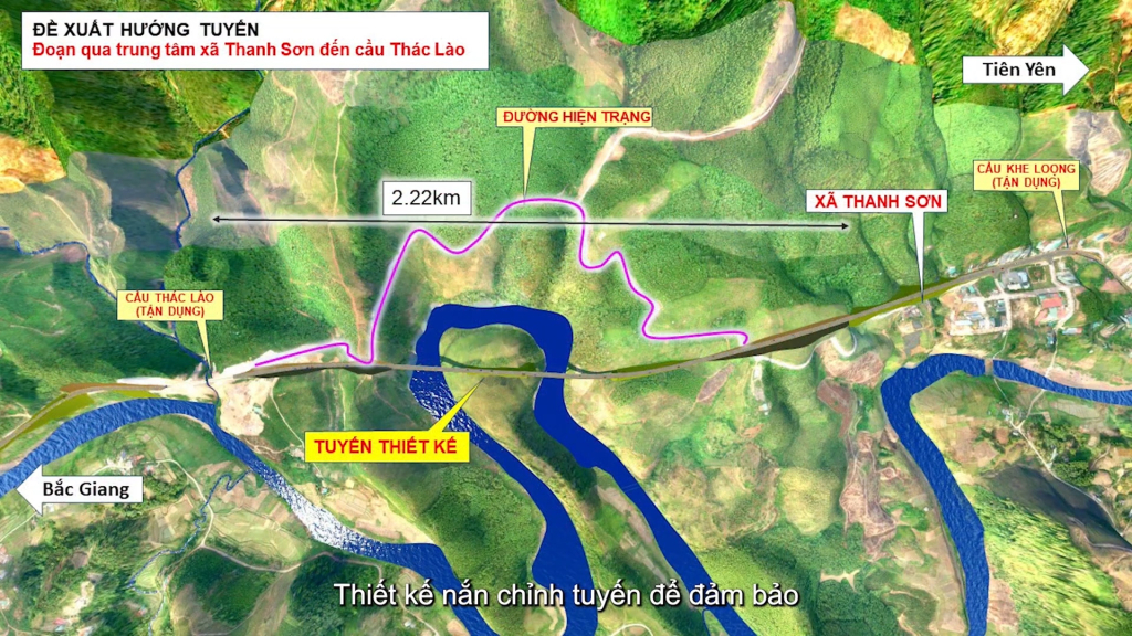 Phối cảnh Dự án nâng cấp cải tạo đường tỉnh 330 nhìn từ trên cao, nhiều khúc cua tay áo sẽ được thay thế bằng cầu vượt sông và cầu cạn.