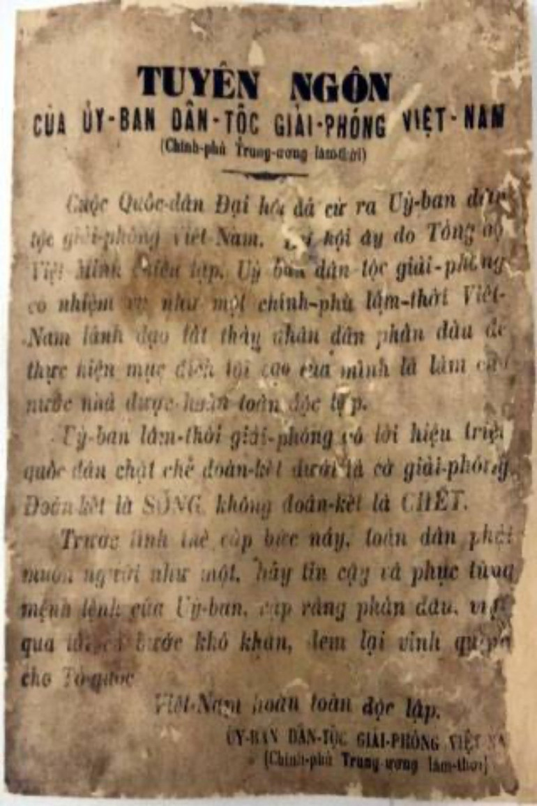 Tuyên ngôn của Ủy ban Dân tộc giải phóng Việt Nam, tháng 8/1945 (Hiện vật gốc Bảo tàng Lịch sử quốc gia). (Ảnh:baotanglichsu.vn)