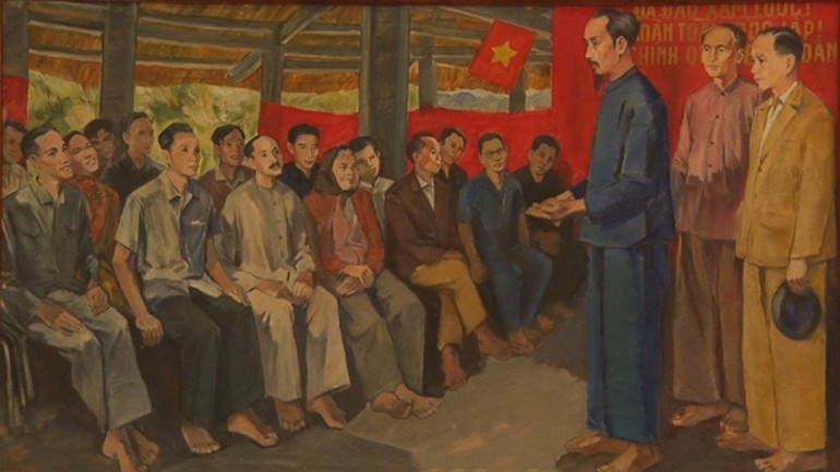 Chủ tịch Hồ Chí Minh nói chuyện với đại biểu Quốc dân Đại hội tại Đình Tân Trào. (Tranh sơn dầu: Họa sĩ Cao Thương)