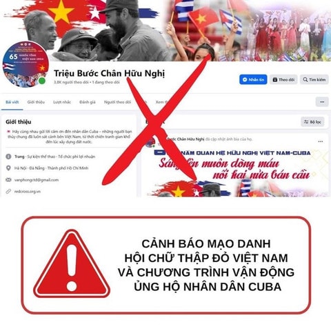 Trung ương Hội Chữ thập đỏ Việt Nam cảnh báo đã xuất hiện trang Facebook giả mạo chương trình vận động ủng hộ nhân dân Cuba. Ảnh: Trung ương Hội Chữ thập đỏ Việt Nam
