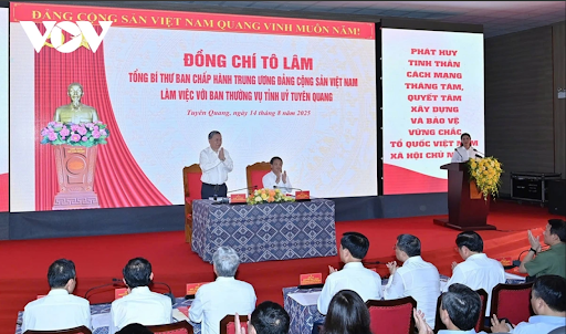 Tổng Bí thư Tô Lâm chủ trì buổi làm việc với Ban Thường vụ Tỉnh ủy Tuyên Quang - Nguồn ảnh:VOV)