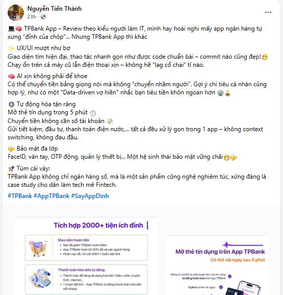 App TPBank nhận được nhiều phản hồi tích cực từ người dùng với những tính năng, trải nghiệm “đúng người - đúng lúc - đúng nhu cầu”