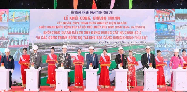 BTC và lãnh đạo quan khách thực hiện nghi thức bấm nút phát lệnh khởi công dự án. Ảnh: VH