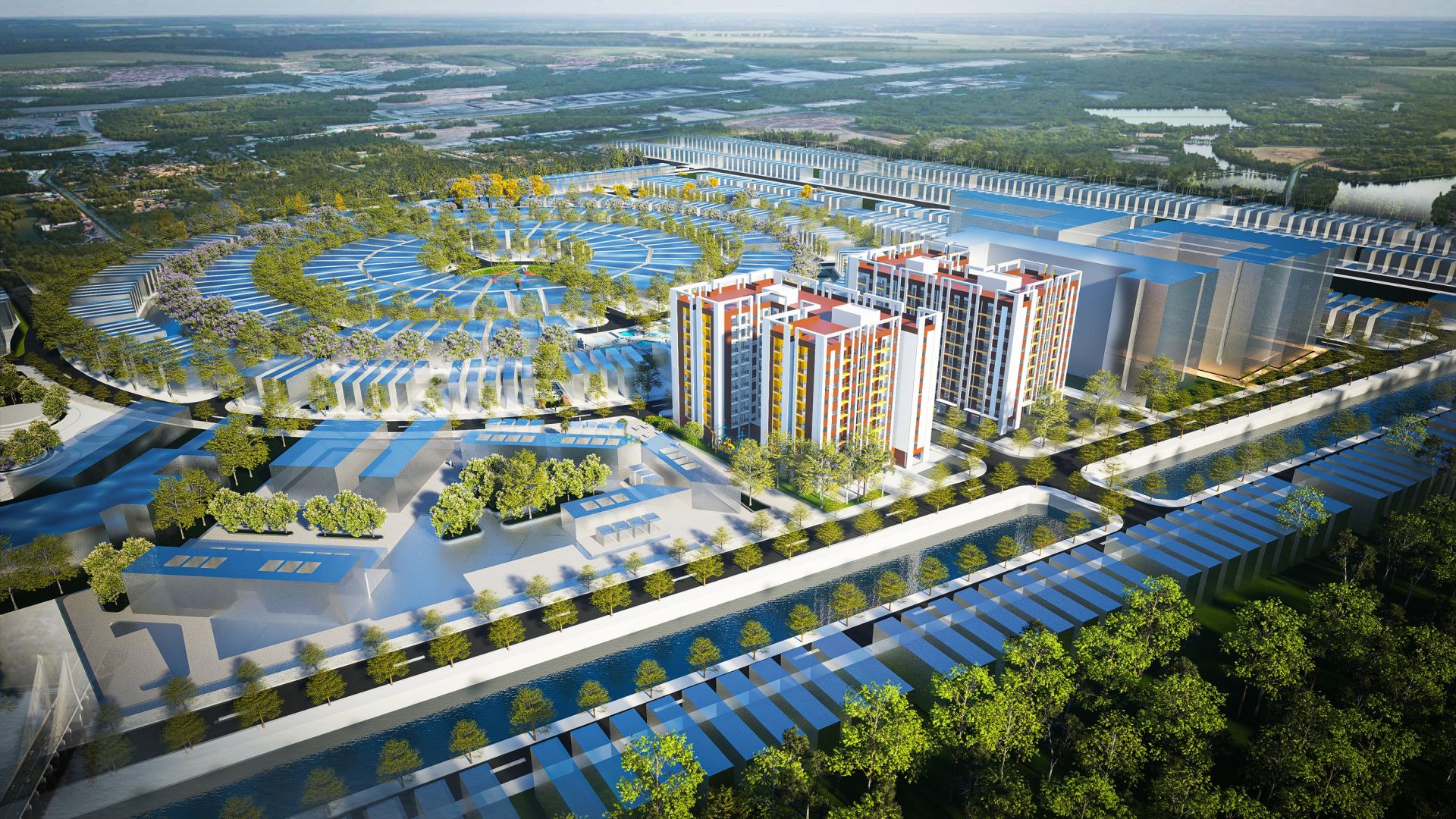 Phối cảnh công trình nhà ở xã hội đặt trong tổng thể Khu đô thị T&T Cà Mau Phối cảnh công trình nhà ở xã hội đặt trong tổng thể Khu đô thị T&T Cà Mau