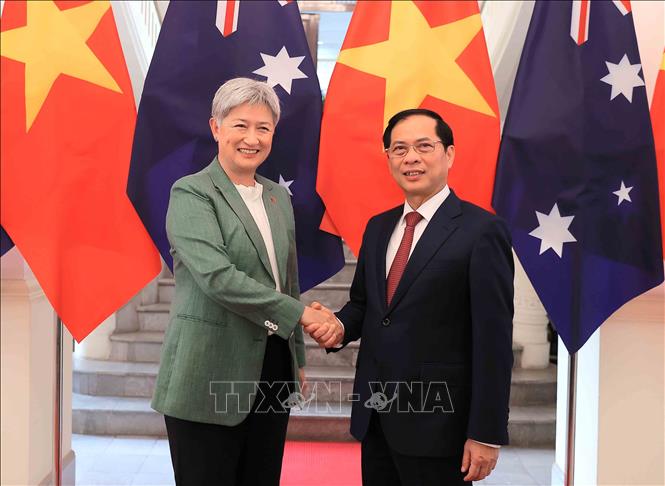Phó Thủ tướng, Bộ trưởng Ngoại giao Bùi Thanh Sơn đón Bộ trưởng Ngoại giao Australia Penny Wong. Ảnh: An Đăng/TTXVN