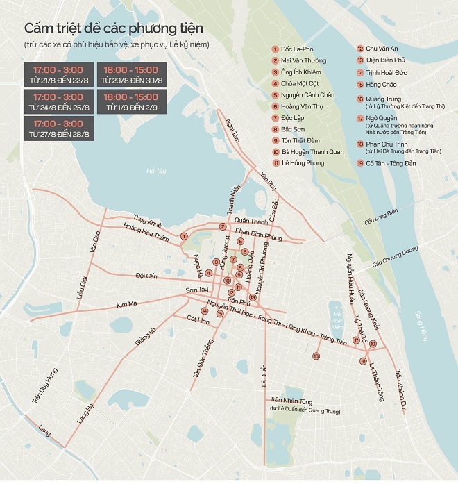 Các tuyến phố bị cấm triệt để các phương tiện. Đồ họa: Anh Hào