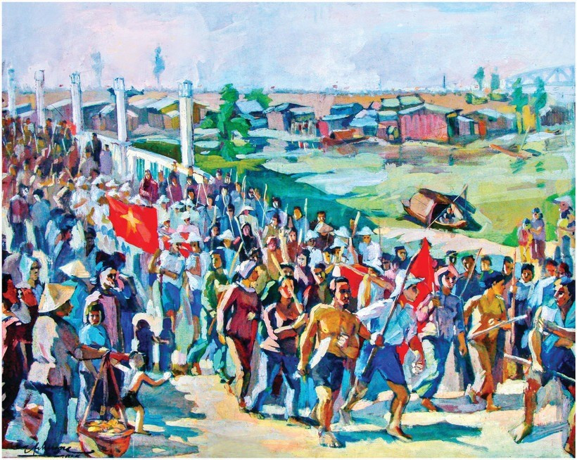 Tác phẩm "Tân An những ngày Tháng Tám năm 1945" của họa sĩ Hữu Phương, vẽ theo lời kể của họa sĩ Huỳnh Văn Gấm. (Ảnh chụp: VÕ MẠNH HẢO)
