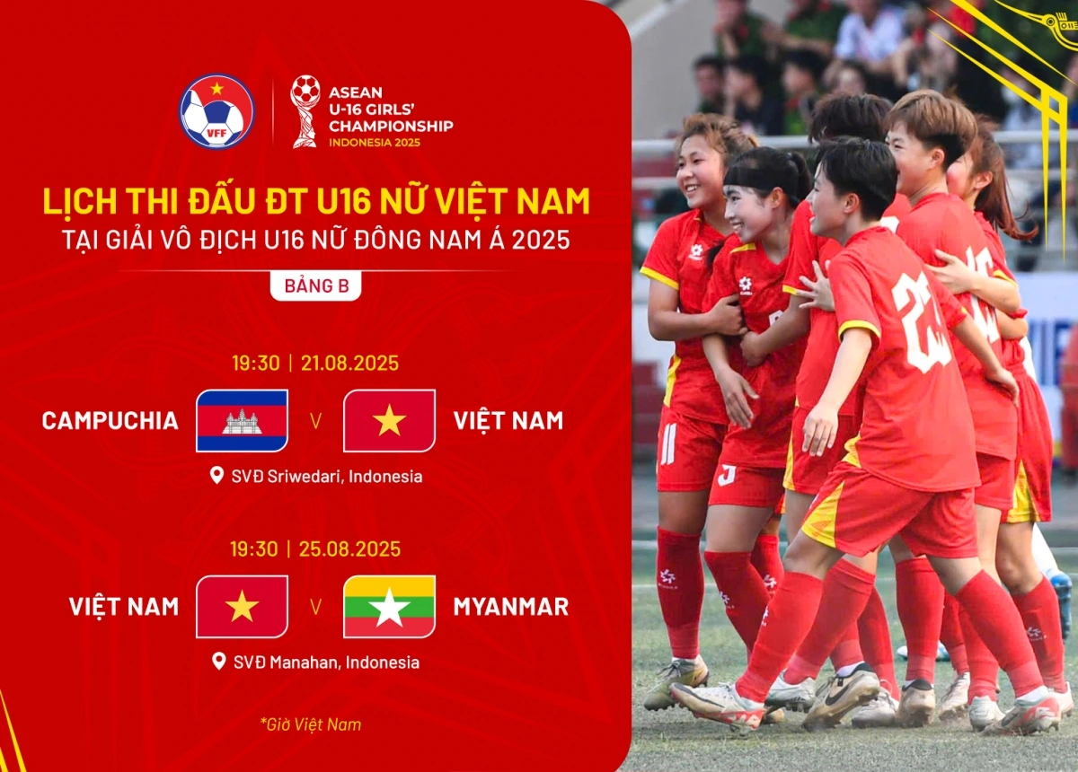 Giải U16 Đông Nam Á 2025: Mở màn bảng B, U16 nữ Việt Nam đối đầu U16 nữ Campuchia