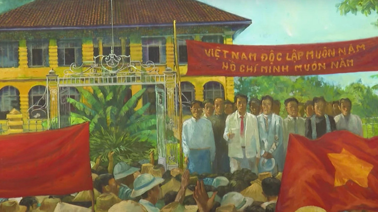 Tranh sơn dầu tái hiện buổi mít-tinh mừng chiến thắng vào chiều 22/8/1945 của Tỉnh ủy và nhân dân Tân An (trưng bày tại Di tích Nhà Tổng Thận). Ảnh: Cổng thông tin điện tử Tỉnh ủy Long An (cũ)