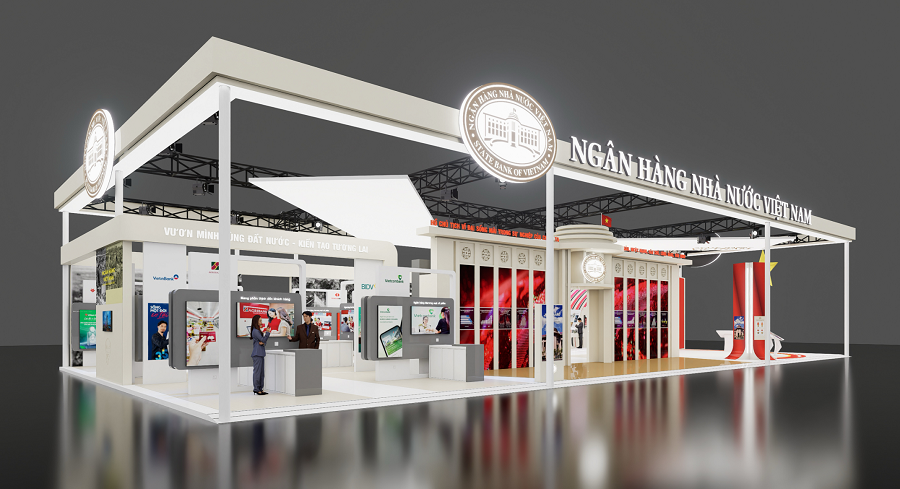 Mô phỏng khu vực trưng bày của ngành Ngân hàng tại Triển lãm thành tựu 80 năm Hành trình Độc lập - Tư do - Hạnh phúc