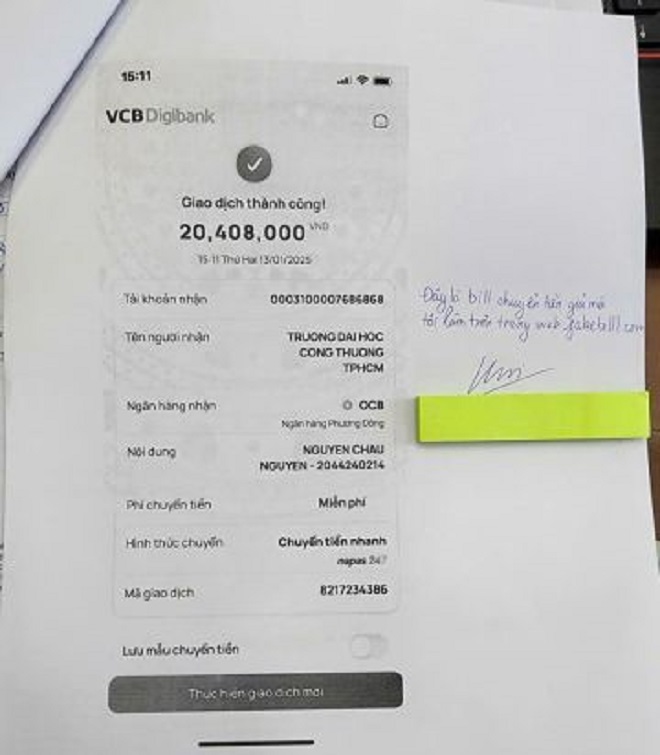 Một trường hợp sinh viên tạo bill giả để xin tiền học phí. Ảnh: Công an Quảng Ngãi cung cấp