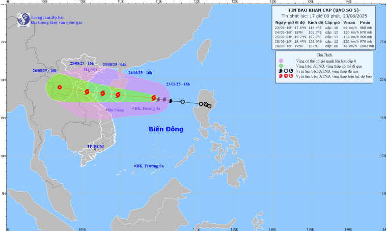 Bản đồ dự báo quỹ đạo và cường độ bão số 5 lúc 17 giờ ngày 23/8/2025.