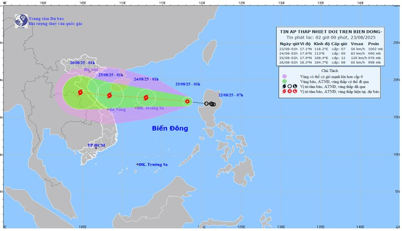 Bản đồ dự báo quỹ đạo và cường độ của áp thấp nhiệt đới lúc 2 giờ ngày 23/8.