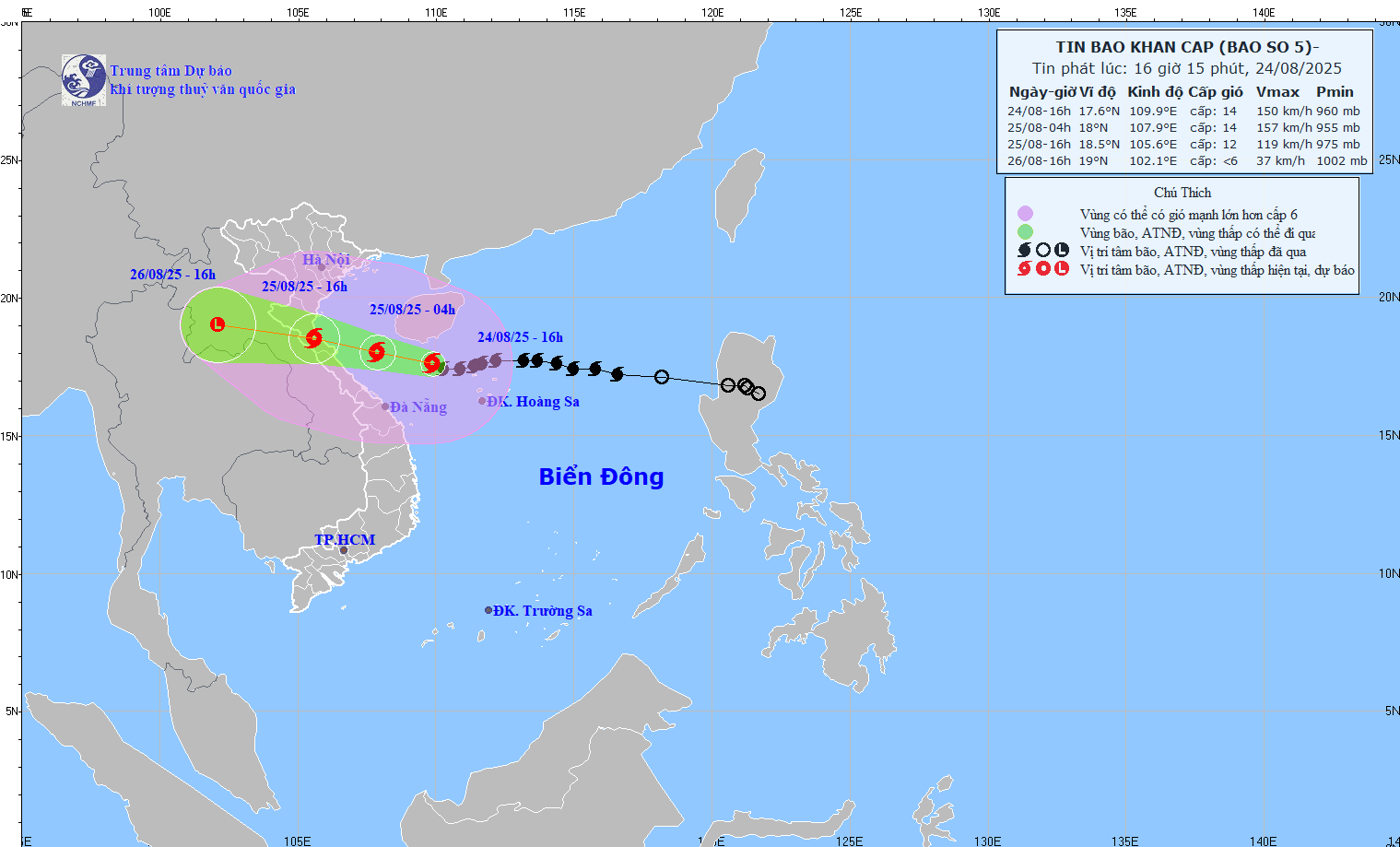 Diễn biến cơn bão số 5 cập nhật vào lúc 16h15 ngày 24/8