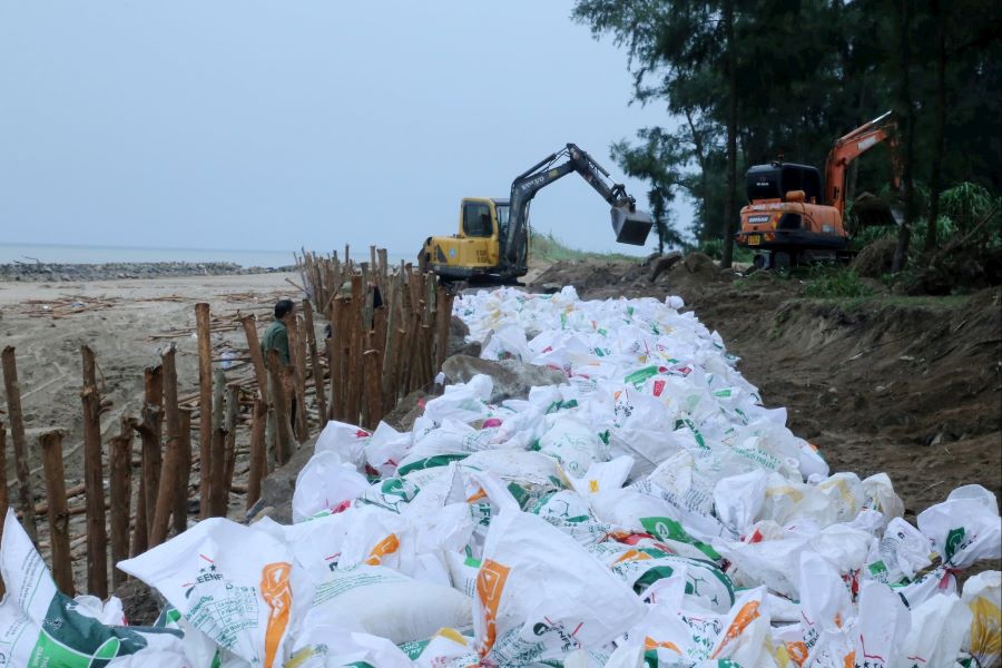 Dùng cọc cùng với đá hộc và bao cát để làm bờ kè tạm đối phó với bão số 5.