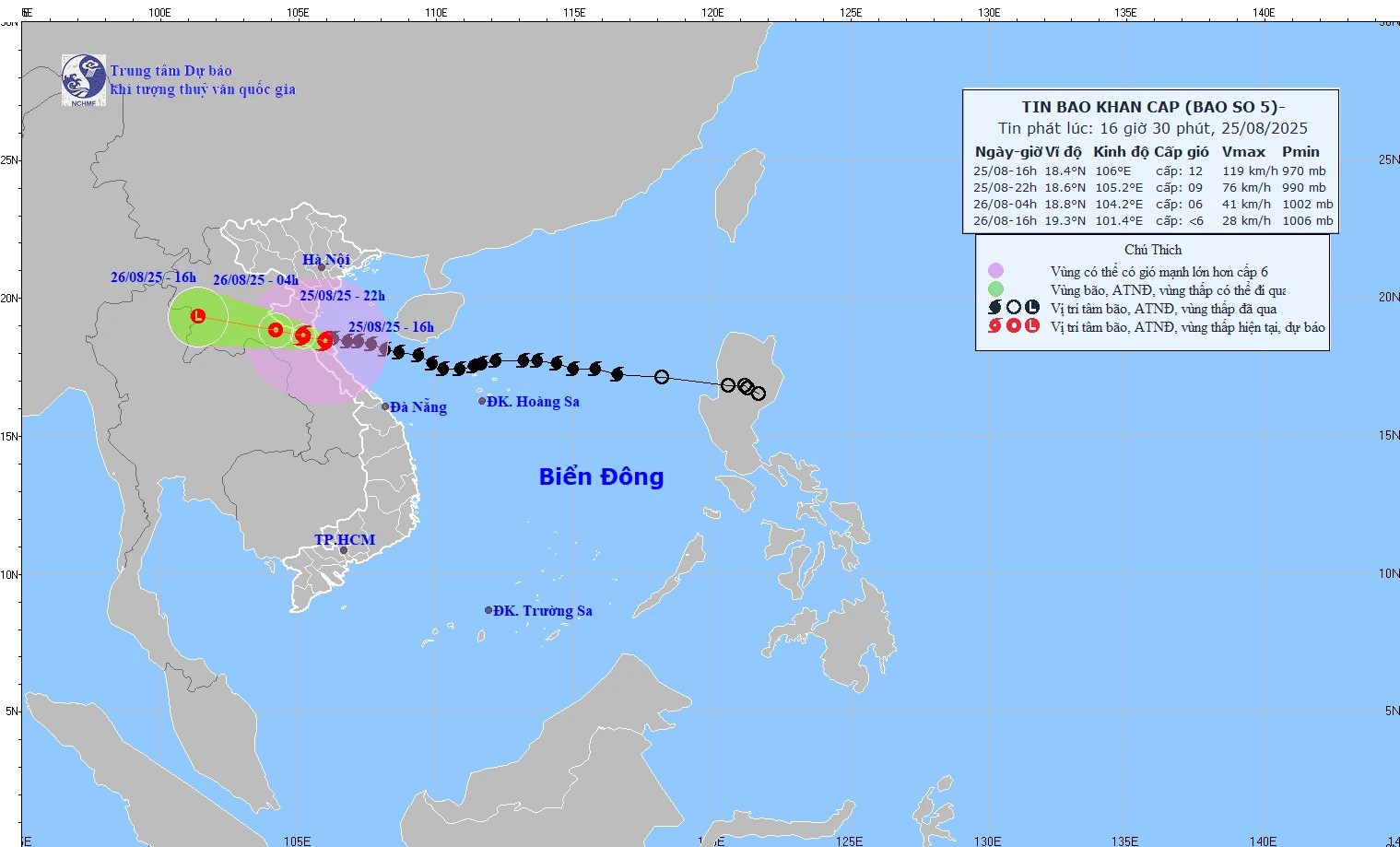 Bản đồ dự báo đường đi của bão số 5 lúc 16h30 ngày 25/8.