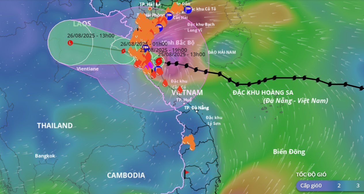 Đường di chuyển của cơn bão số 5 ghi nhận vào hồi 14 giờ ngày 25/8. Ảnh: vndms